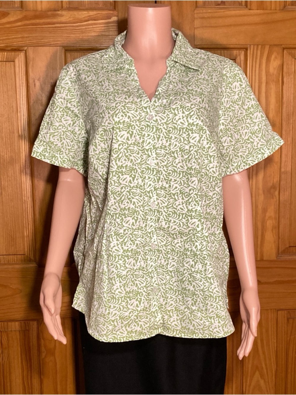 NWOT Basic Editions Vintage 90s Top V Neck Short Sleeve Blouse Green White Sz 1X